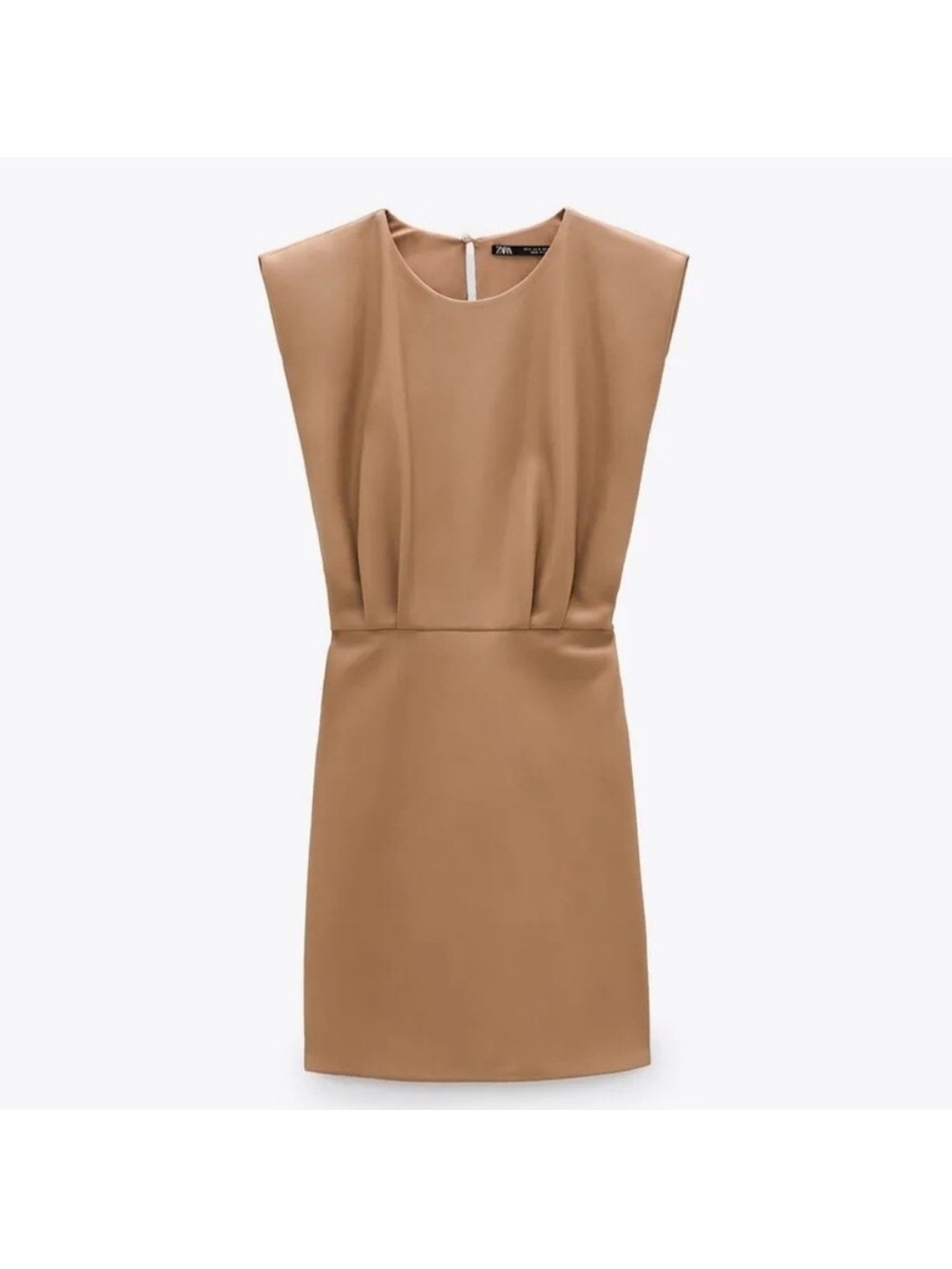 Structured Cap Sleeve Leather Shift Dress in Camel
